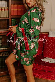 Christmas Dreaming Satin Nutcrackers Print Velvet Trim Elastic Waist Pocketed Pajama Shorts Set