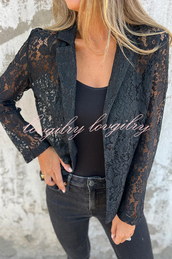 Fashion Lapel Long Sleeve Pocket Elegant Lace Jacket