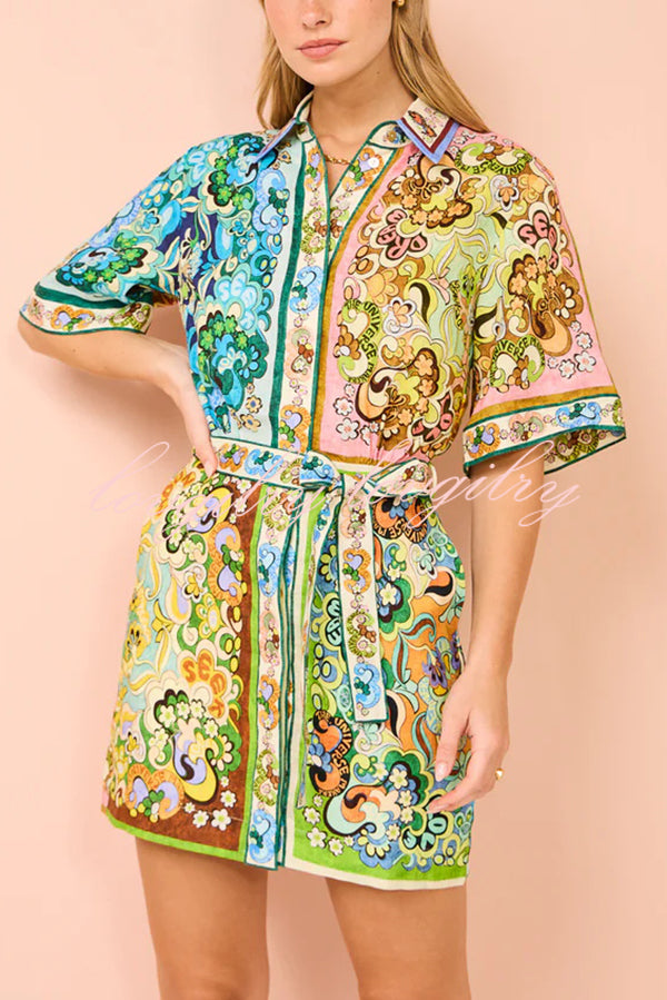 Sasha Linen Blend Unique Printed Shirt Style Tie-waist Mini Dress