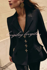 Women Power Metal Cross Snap Button Long Sleeve Lapel Blazer