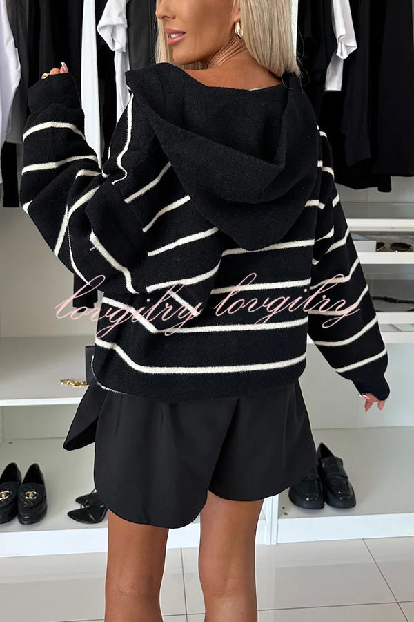 Fashion and Comfort Knit Striped Button Up Pocket Hoodie Cardigan