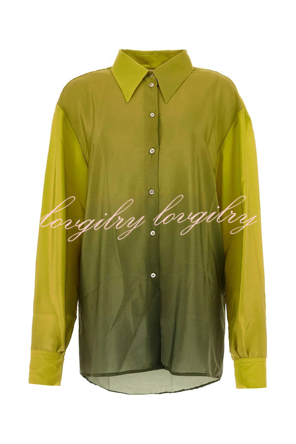Moonlit Waltz Gradient Print Button Up Long Sleeve Loose Blouse