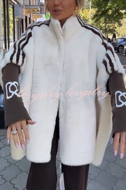 Fashion Sports Stripe Print and Ribbed Embroidered Long Sleeve Zipper Stand Nack Pocket Plush Coat