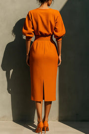 Elegant Puff Sleeve High-waisted Pocket Casual Midi Dress