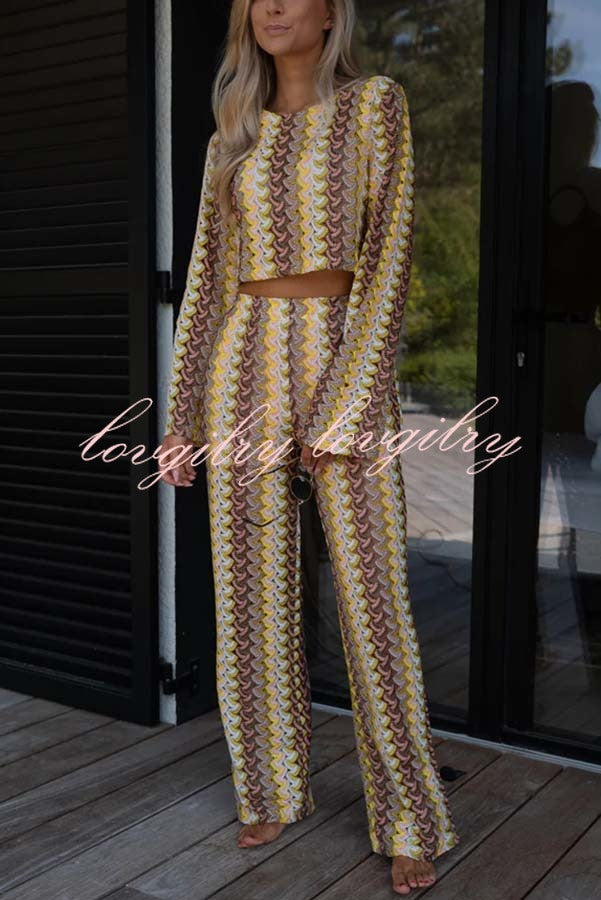 Tamia Knit Colorful Wave Unique Print Crop Top and Stretch Wide Leg Pants Set