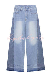 Ellison Denim Side Colorblock High Rise Pocket Wide Leg Jeans