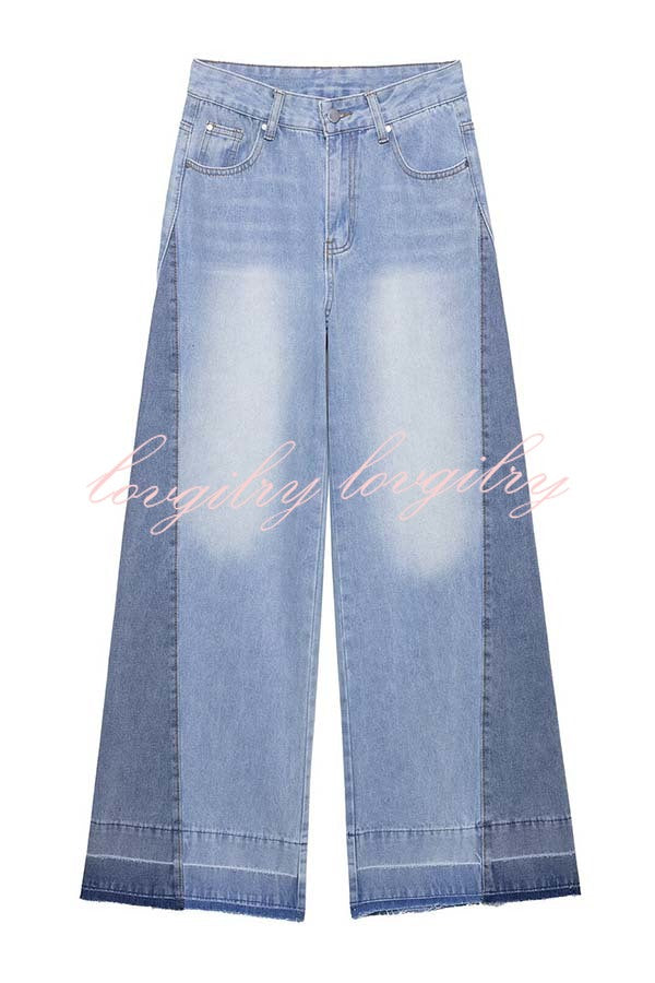Ellison Denim Side Colorblock High Rise Pocket Wide Leg Jeans