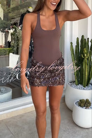 Shine Your Event Ruched Sequin Draped Hem Tank Stretch Mini Dress