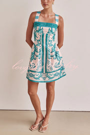 Channeling Summer Linen Blend Unique Print Wide Strap Pocketed Mini Dress