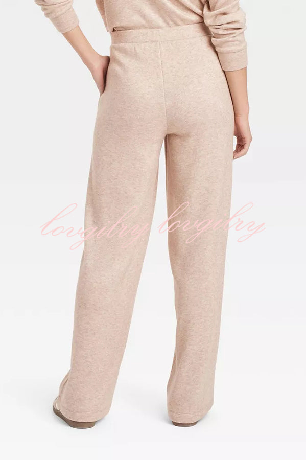 Oatmeal Morning Solid Color V-neck Sweatshirt and Elastic Waist Pocketed Lounge Pants Set