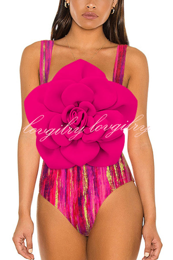 Fashionable Contrast Color Large Flower Stretch One-piece Swimsuit