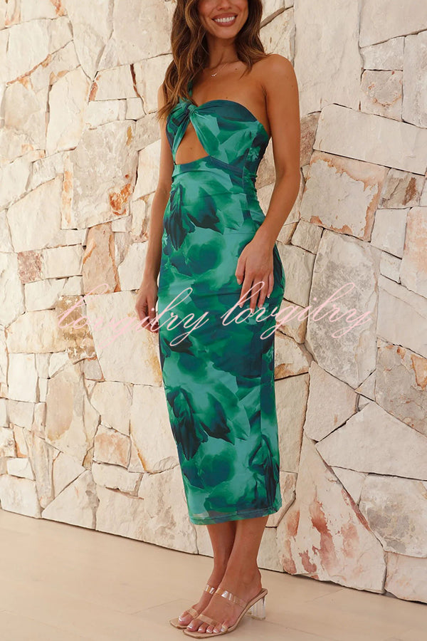 The Janika Printed Asymmetrical Strap Fixed Knot Stretch Midi Dress