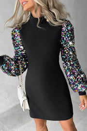 Color Block Turtleneck Balloon Sleeves Sequined Button Mini Dress