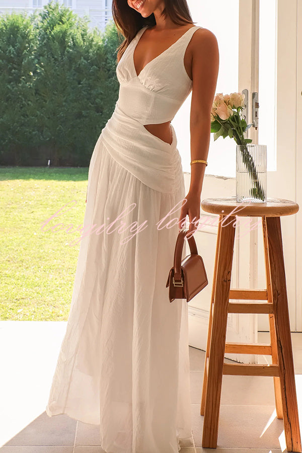 Solid Color V-neck Waist Hollow Slim Maxi Dress