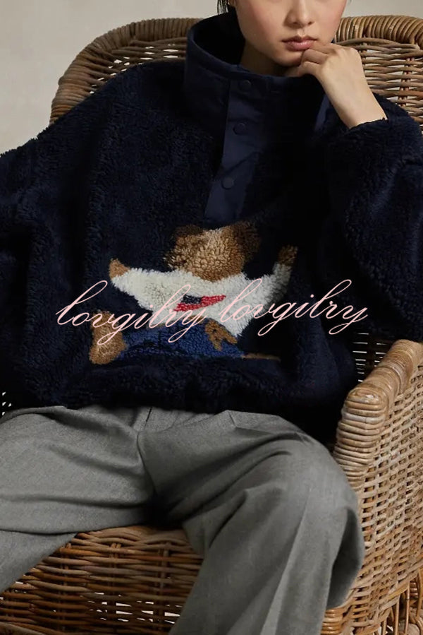 American Retro Polo Bear Pattern Stand Button Neck Long Sleeve Fleece Pullover