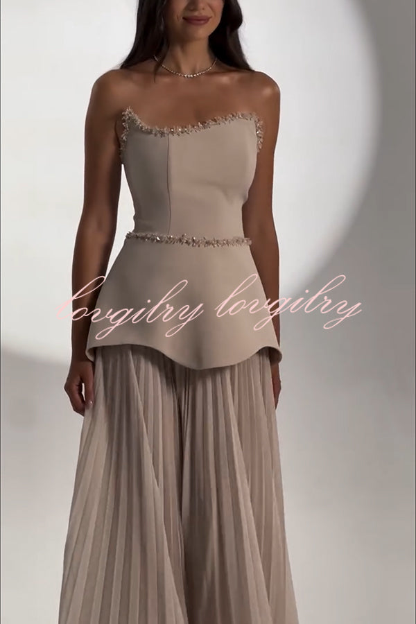 Capture The Moment Gem Trim Pleated Hem Strapless Maxi Dress