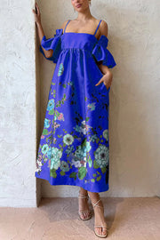 Sweetest Marigold Printed Gathered Sleeve Pocketed A-line Midi Dress