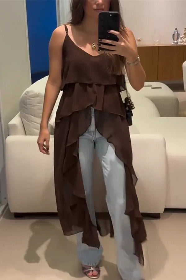 Solid Color V-neck Ruffled Irregular Loose Top