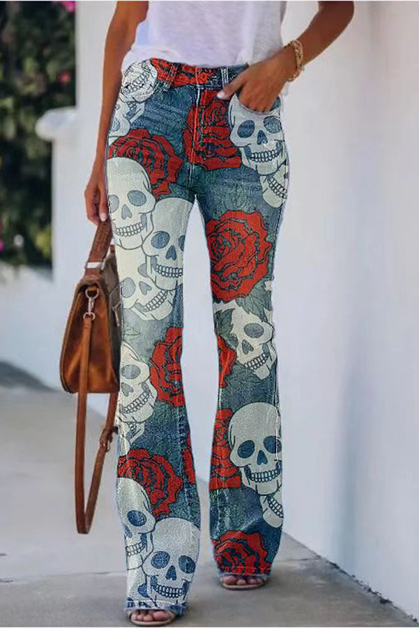 On A Drive Printed Faux Denim High Rise Flare Pants