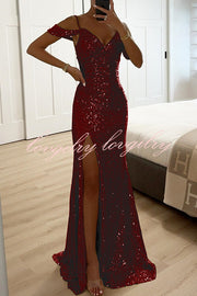 Prom Dreamland Sequin Cold Shoulder Ruched Slit Maxi Dress