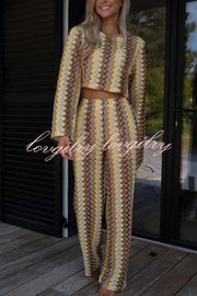 Tamia Knit Colorful Wave Unique Print Crop Top and Stretch Wide Leg Pants Set