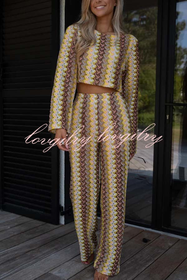 Tamia Knit Colorful Wave Unique Print Crop Top and Stretch Wide Leg Pants Set