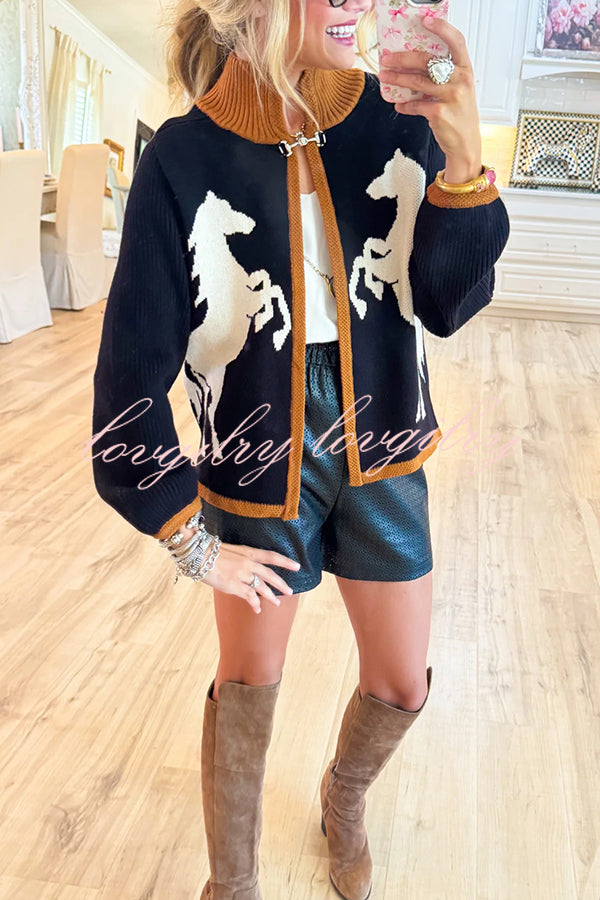 Stylish White Horse Pattern Casual Long-sleeved Knitted Cardigan