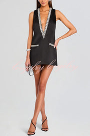 Elegant Demeanor Satin Gemstone Trim Deep V-Neck Tank H-line Mini Dress