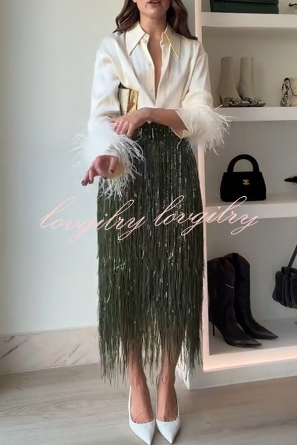 Party Crasher Feather Trim Long Sleeve Button Up Loose Blouse