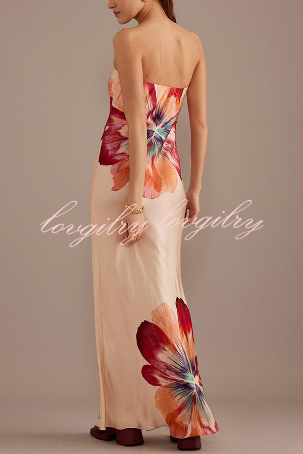 Charming Lady Satin Floral Print Bandeau Loose Maxi Dress