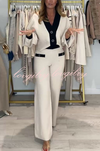 Fashion Contrast Color V-neck Loose Cardigan and Elastic Waist Casual Pants Set