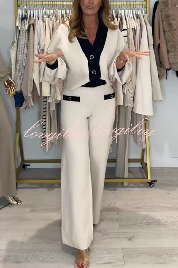 Fashion Contrast Color V-neck Loose Cardigan and Elastic Waist Casual Pants Set