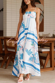 Botanical Print Halter Square Neck Pleated Loose Maxi Dress