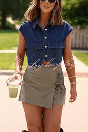 Stylish Weekend Denim Button Up Cape Sleeve Pocket Crop Top