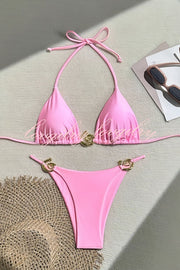 Sexy Halterneck Lace-up Metallic Stretch Two-piece Bikini Swimsuit