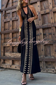 Meret Gold Geometric Print Halter Backless Stretch Maxi Dress