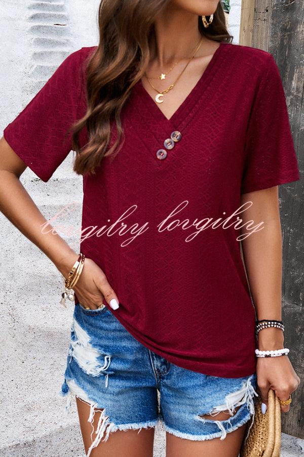 Temperament and Casual Buttoned V Neck Hollow Short Sleeved Top