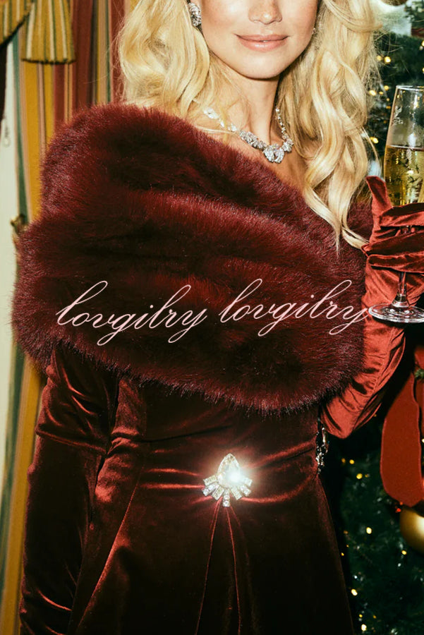 Luxury Chic Velvet Removable Faux Fur Collar Shiny Buckles Mini Dress