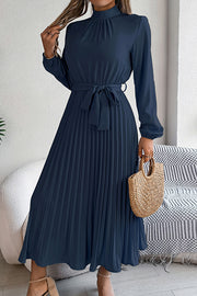 Elegant Stand-collar Long-sleeve Waisted Tie-up Pleated Midi Dress