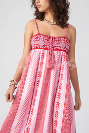 Unique Printed Patchwork Fringed Lace-up Maxi Dress