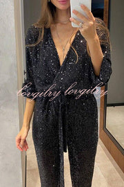 Cheers To You Sequin Long Sleeve Belted Wrap Loose Jumpsuit