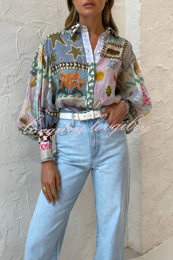 Fun and Nostalgic Unique Print Balloon Sleeve Button Loose Shirt