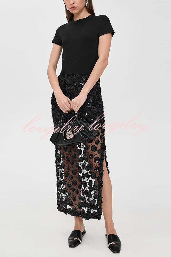 Gorgeous Flower Embellished Sequin Sheer High Rise Slit Midi Skirt