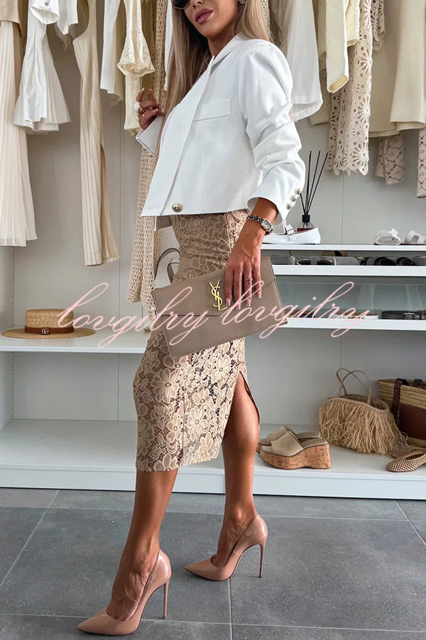 Ellien Solid Color Button Long Sleeve Crop Lapel Blazer