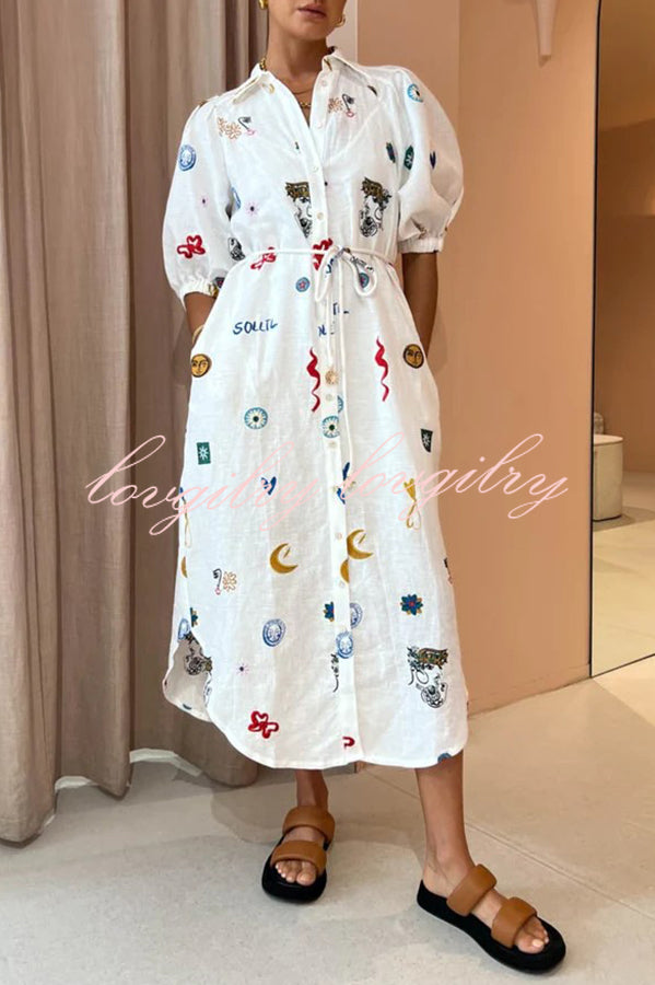 Statement Print Puff Sleeve Side Pocket Tie Midi Dress