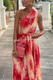Floral Print One Shoulder Waist Tie Full Hem Resort Style Maxi Dress
