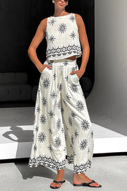 Unique Printed Round Neck Sleeveless Button Top and Elastic Waist Pocket Wide Leg Pants Set