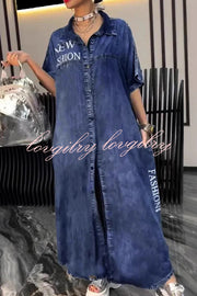 Fashion Letter Print Lapel Cardigan Loose Maxi Dress