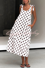 Polka Dot Print Suspenders Strappy Backless Loose Pocket Midi Dress