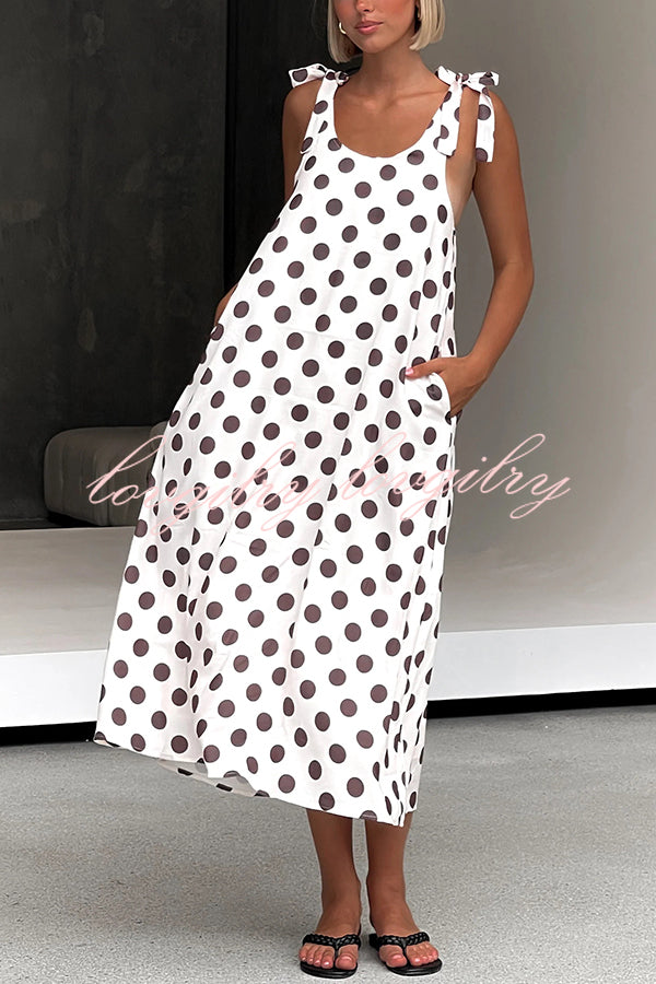 Polka Dot Print Suspenders Strappy Backless Loose Pocket Midi Dress